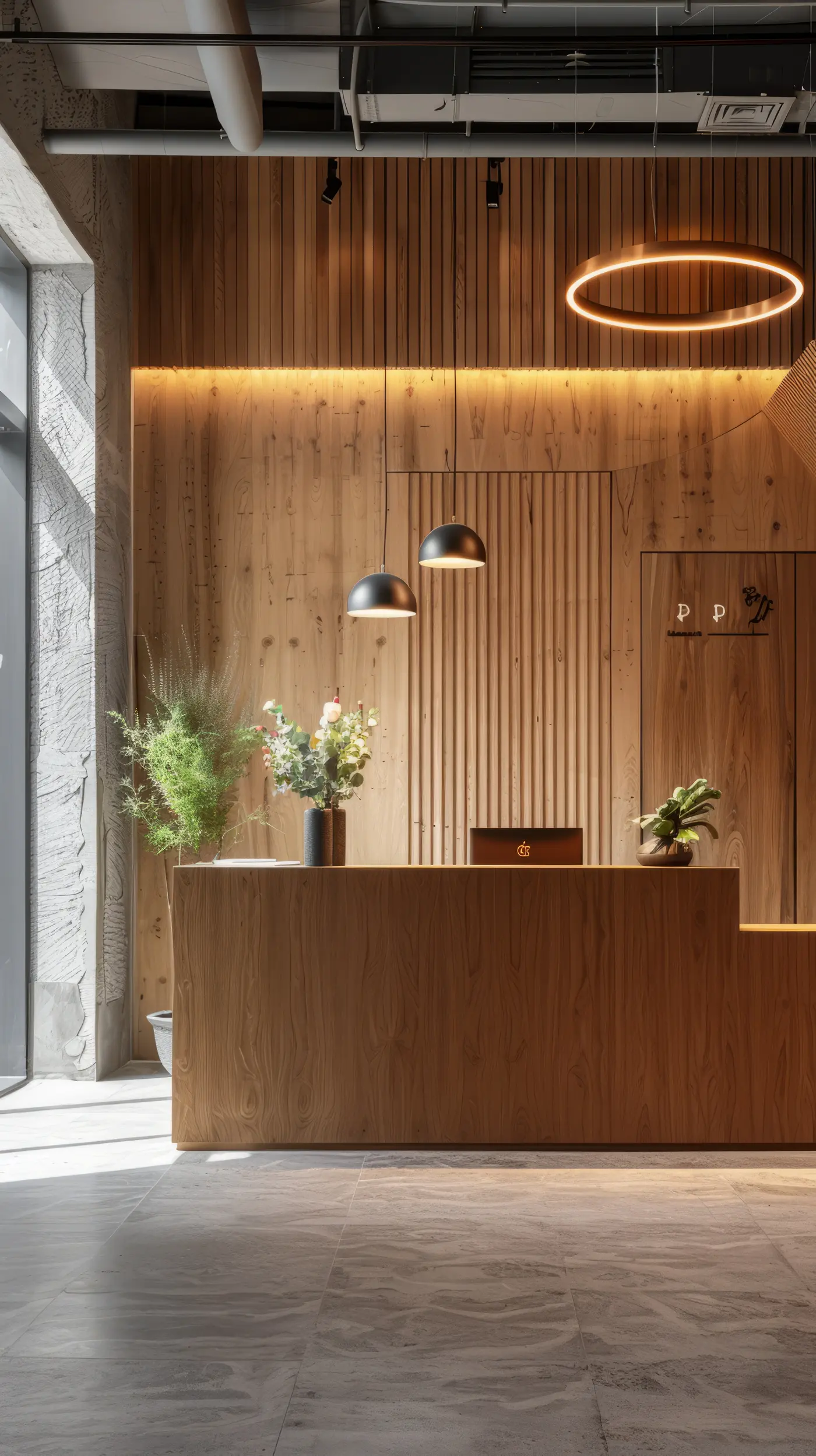 Mostrador de recepción en madera para local comercial